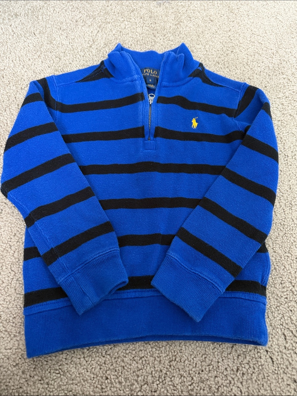 Polo Ralph Lauren Blue & Black Striped Half-Zip Sweater with Yellow Pony